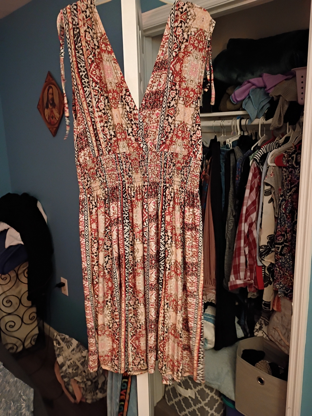 Boho V-Neck Women’s Swim Coverup Dress in Red and Cream